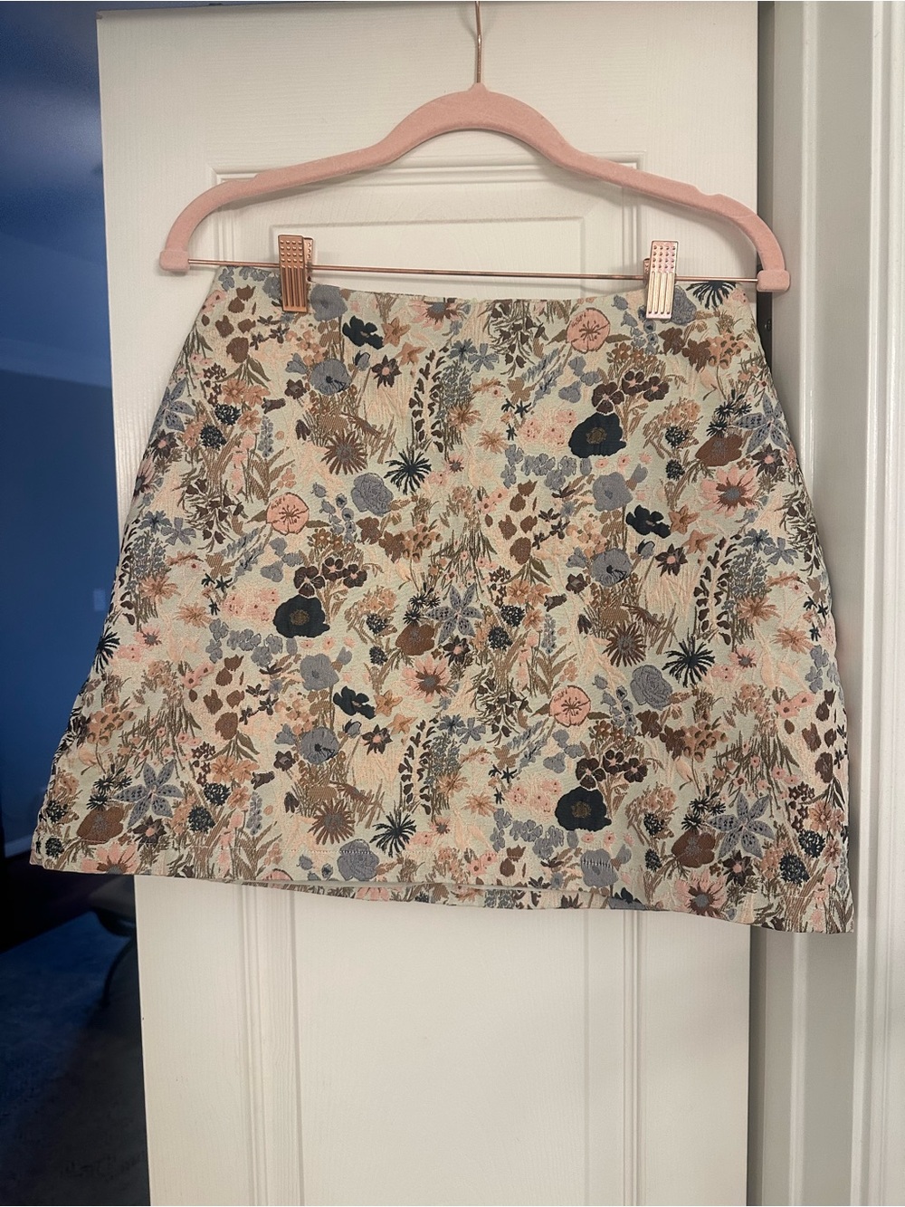 Cider Floral Print Mini Skirt in Cream with Blue pink and Brown Accents